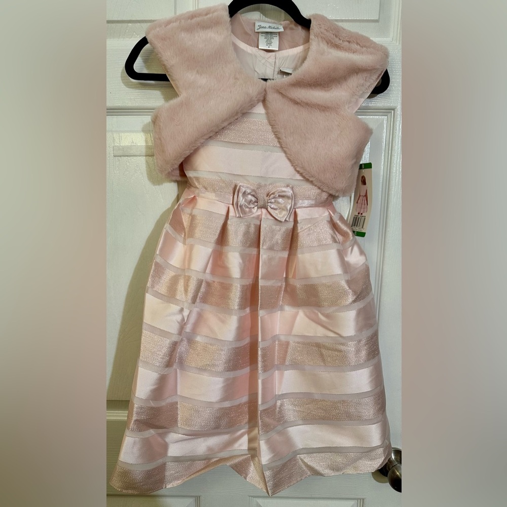 Jona Michelle Blush Pink Formal Dress with Bow and Faux Fur Capelet, NWT